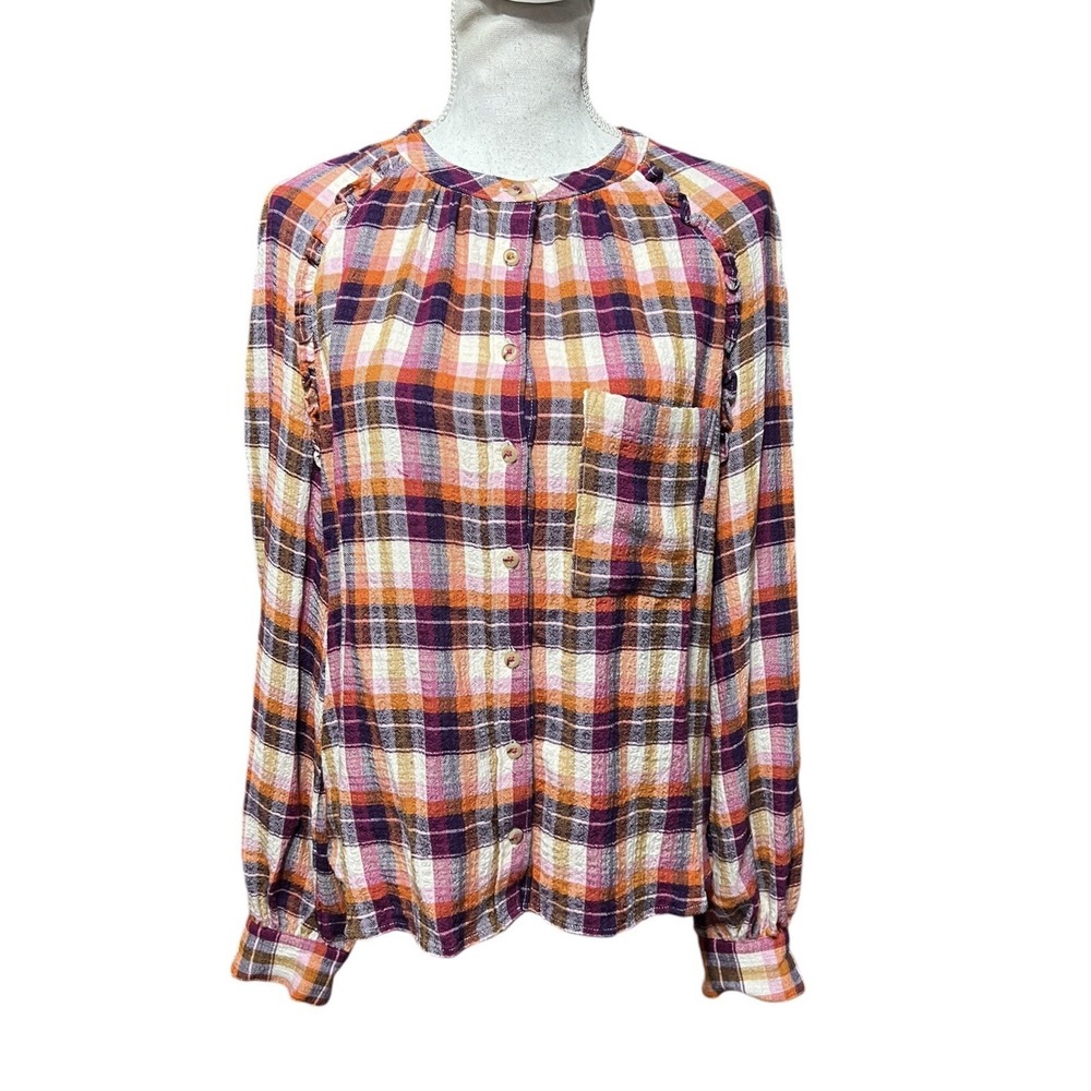 Pilcro Anthropologie Women's Breezy Button Down Raspberry Plaid Shirt Size Med